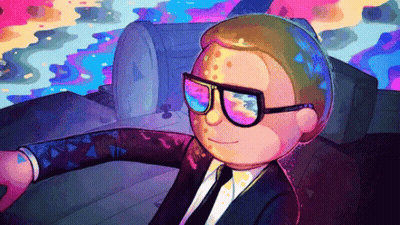 A Cartoon Character Wearing Sunglasses And A Suit Is Driving A Car GIF