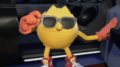 A Cartoon Character Wearing Sunglasses And Red Gloves Is Standing In A Room . GIF