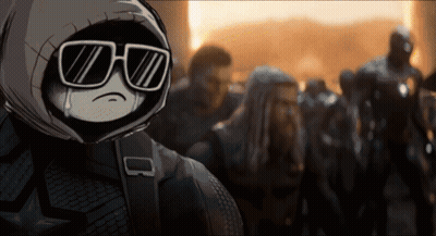 A Cartoon Character Wearing Sunglasses Is Crying In Front Of A Group Of Soldiers GIF