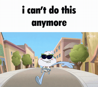 A Cartoon Character Wearing Sunglasses Is Walking Down A Street With The Words " I Can 'T Do This Anymore " Below Him GIF