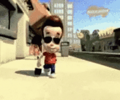 A Cartoon Character Wearing Sunglasses Is Walking Down The Street GIF