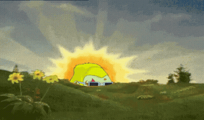 A Cartoon Character Wearing Sunglasses Stands In Front Of A Rising Sun GIF