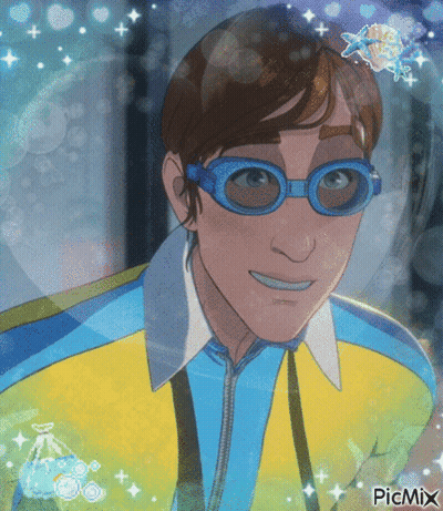 A Cartoon Character Wearing Swimming Goggles And A Yellow And Blue Jacket GIF