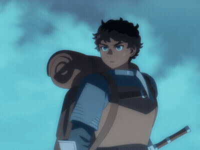 A Cartoon Character With A Backpack And Sword GIF