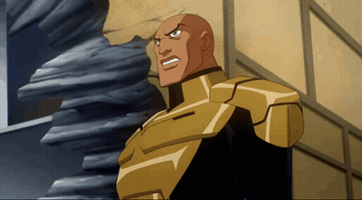A Cartoon Character With A Bald Head And Gold Armor GIF