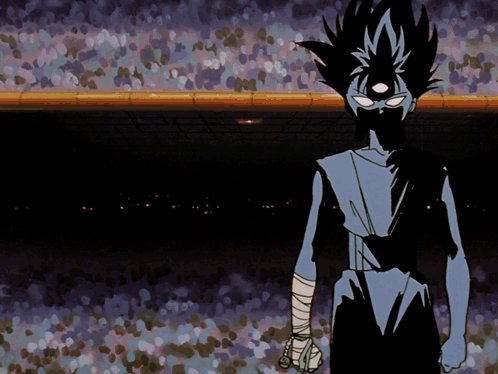 A Cartoon Character With A Bandaged Arm Is Standing In A Dark Room GIF
