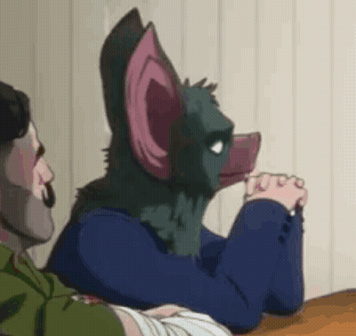 A Cartoon Character With A Bat Mask Is Drinking From A Cup While Sitting At A Table . GIF