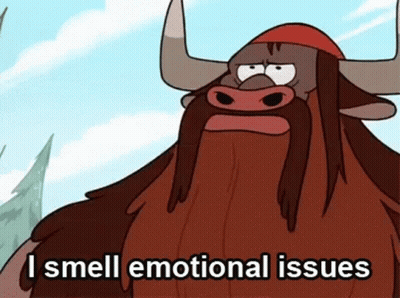 A Cartoon Character With A Beard And Horns Says I Smell Emotional Issues GIF