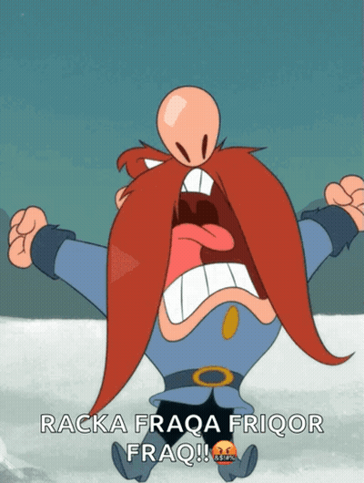 A Cartoon Character With A Beard Is Screaming With The Words Racka Fraqa Friqor Fraq GIF