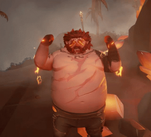 A Cartoon Character With A Beard Is Standing In A Field With Flames Coming Out Of His Arms GIF