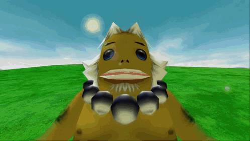 A Cartoon Character With A Beard Is Standing In A Grassy Field GIF