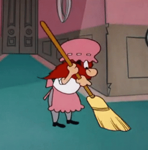 A Cartoon Character With A Beard Is Sweeping The Floor GIF
