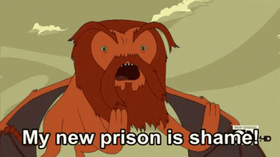 A Cartoon Character With A Beard Says " My New Prison Is Shame ! " GIF