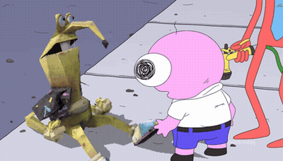 A Cartoon Character With A Big Eye Is Standing Next To A Cartoon Character Holding A Hose GIF