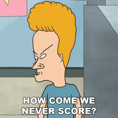 A Cartoon Character With A Big Head Says " How Come We Never Score " GIF
