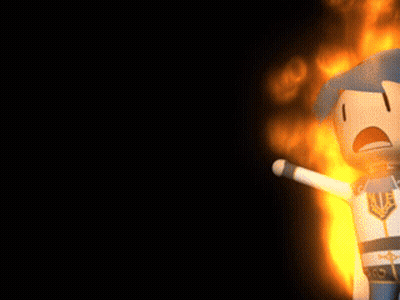 A Cartoon Character With A Blue Cape Stands In Front Of A Fire GIF