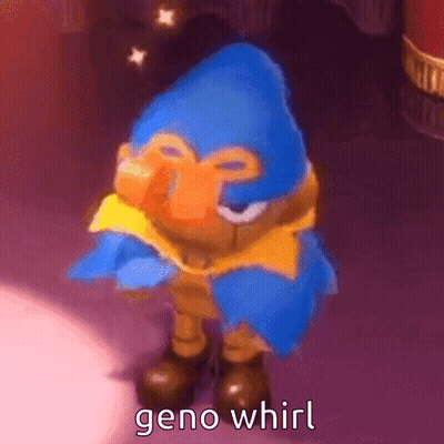 A Cartoon Character With A Blue Hat And A Yellow Scarf Is Standing On A Purple Surface . GIF