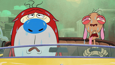 A Cartoon Character With A Blue Nose Is Driving A Yellow Car GIF