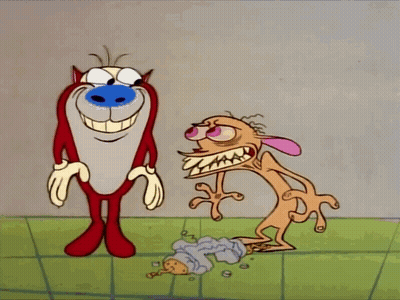 A Cartoon Character With A Blue Nose Is Holding Another Character 'S Arm GIF