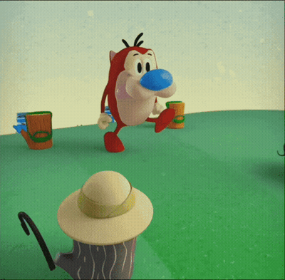 A Cartoon Character With A Blue Nose Is Walking On A Grassy Field GIF