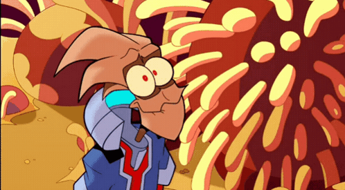 A Cartoon Character With A Blue Shirt And A Red Tie Looks At Something GIF