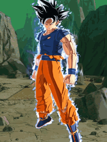 A Cartoon Character With A Blue Shirt And Orange Pants Is Standing In Front Of Rocks GIF