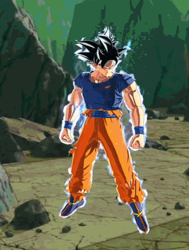 A Cartoon Character With A Blue Shirt And Orange Pants Is Standing On A Rocky Surface GIF
