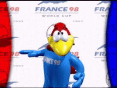 A Cartoon Character With A Blue Shirt That Says France 98 On It GIF