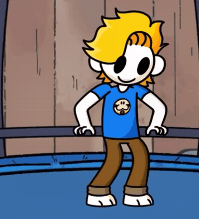 A Cartoon Character With A Blue Shirt With A Smiley Face On It GIF