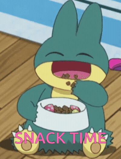 A Cartoon Character With A Bowl Of Food And The Words Snack Time GIF