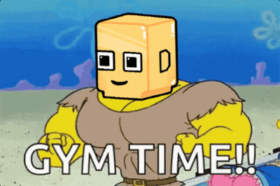 A Cartoon Character With A Box On His Head And The Words Gym Time On The Bottom GIF