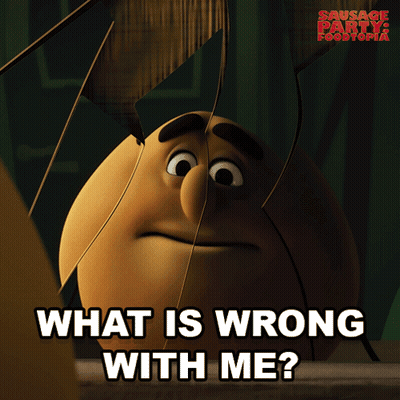 A Cartoon Character With A Broken Glass And The Words What Is Wrong With Me On The Bottom GIF