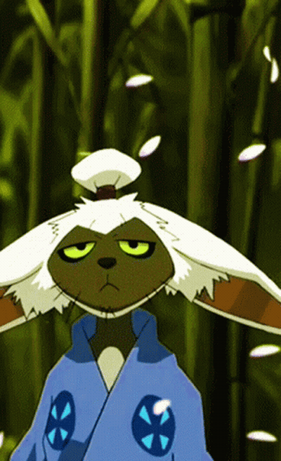A Cartoon Character With A Bun On His Head And A Blue Jacket GIF