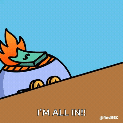 A Cartoon Character With A Bunch Of Money On His Head Says All In I 'M All In GIF