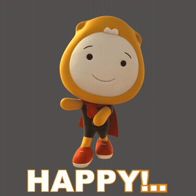 A Cartoon Character With A Cape And The Word Happy Behind Him GIF