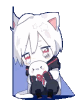 A Cartoon Character With A Cat Ear Is Holding A Teddy Bear . Sticker