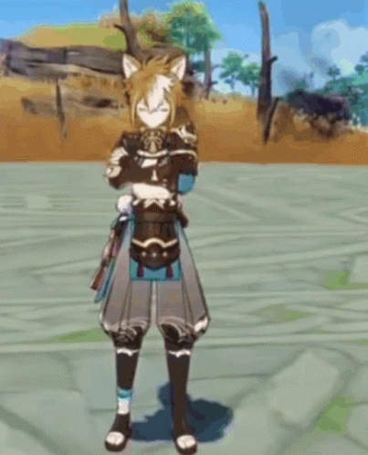 A Cartoon Character With A Cat 'S Ear Is Standing In A Field . GIF