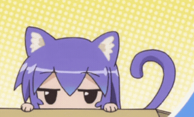 A Cartoon Character With A Cat 'S Ears And Tail Is Peeking Over A Box . GIF