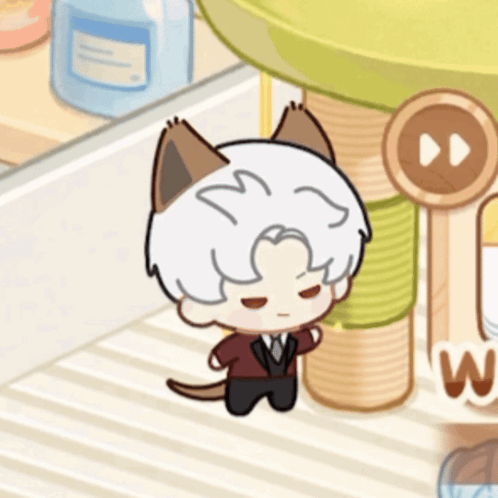 A Cartoon Character With A Cat 'S Ears Is Standing Next To A Cat Tree GIF