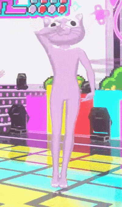 A Cartoon Character With A Cat 'S Head Is Standing On A Stage GIF