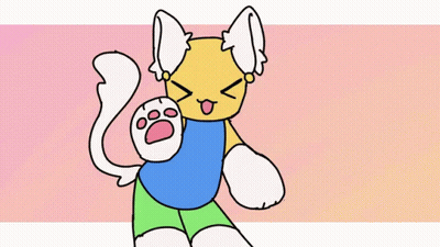 A Cartoon Character With A Cat 'S Tail And Ears Is Standing On A Pink Background . GIF
