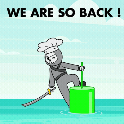 A Cartoon Character With A Chef 'S Hat Is Holding A Sword On A Green Buoy With The Words We Are So Back GIF