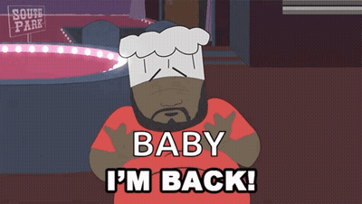 A Cartoon Character With A Chef 'S Hat Says Baby I 'M Back GIF