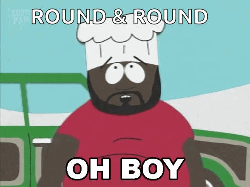 A Cartoon Character With A Chef 'S Hat Says Round & Round Oh Boy GIF
