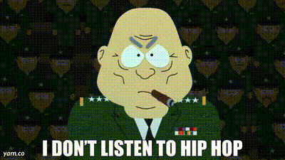 A Cartoon Character With A Cigar In His Mouth And The Words " I Don 'T Listen To Hip Hop " GIF