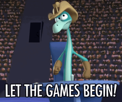 A Cartoon Character With A Cowboy Hat And Boots Says Let The Games Begin GIF