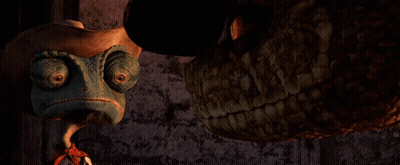 A Cartoon Character With A Cowboy Hat Stands Next To A Snake With Glowing Eyes GIF