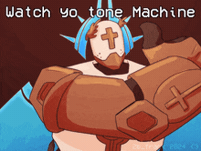 A Cartoon Character With A Cross On His Head And The Words Watch Yo Tone Machine GIF