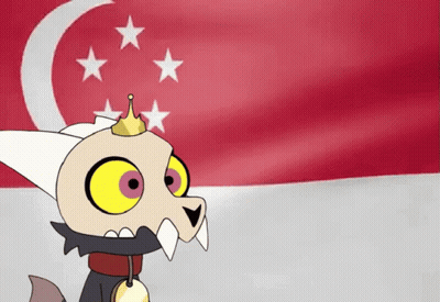 A Cartoon Character With A Crown On His Head Is Standing In Front Of A Singapore Flag GIF