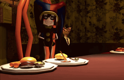 A Cartoon Character With A Crown On His Head Is Standing Next To A Table With Plates Of Food GIF